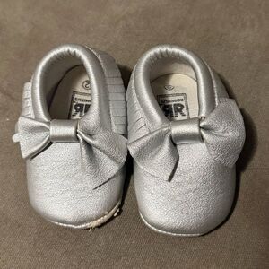 Silver Baby Girl Moccasins with bow- Baby Size 2